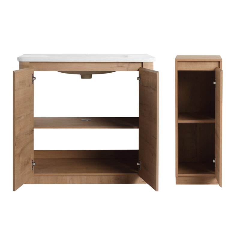 Meuble-lavabo double autoportant 84 po avec lavabo en céramique 84 po, meuble-lavabo autoportant avec 5 portes et 3 tablettes réglables