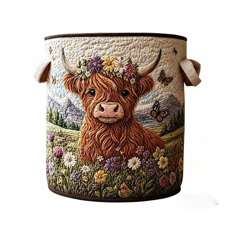 Cow Floral Printed Fabric Storage Basket Quilted Embroidery-Style Organizer With Handles, S