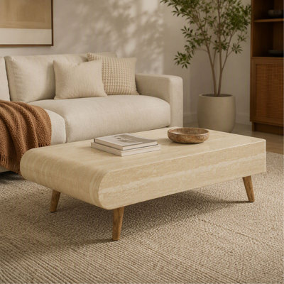 Table basse - Plateau en faux marbre - Tiroir cannelé - Pieds en bois massif - Mid-Century moderne