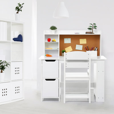White Study Desk and Chair Set with Bookshelf, Bulletin Board, and Cabinets - Ideal for Boys and Girls Ages 3-8