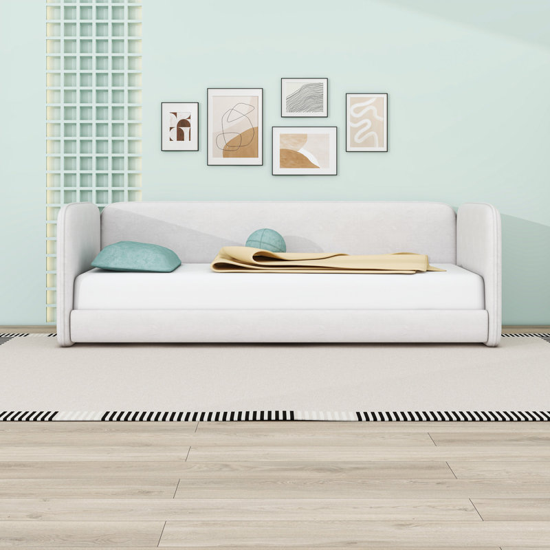 Upholstered Floor Bed with Armrests and Protective Side Rails, Beige