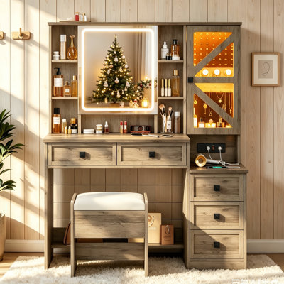 Coiffeuse avec miroir DEL et armoire à bijoux RGB, table de maquillage avec 5 tiroirs, poste de chargement et tabouret de rangement, coiffeuse de style campagnard pour chambre à coucher