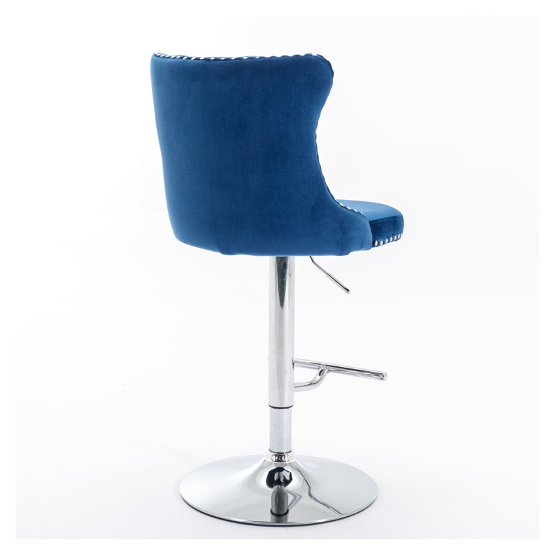  Ensemble de 2 tabourets de bar pivotants en velours, hauteur de siège réglable de 25 à 33 pouces, tabourets de bar à base chromée avec dossier capitonné, bleu pour bistro et îlot de cuisine