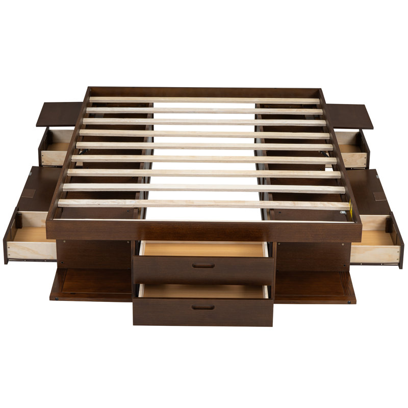 Structure de lit plateforme de rangement avec plusieurs tiroirs et tablettes sans sommier, Noyer, Lit double