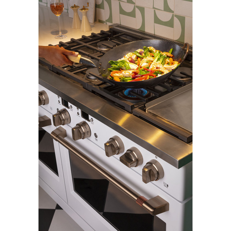 Café 48" Dual Fuel Sealed Burners Double Oven, Matte White, Brushed Bronze
