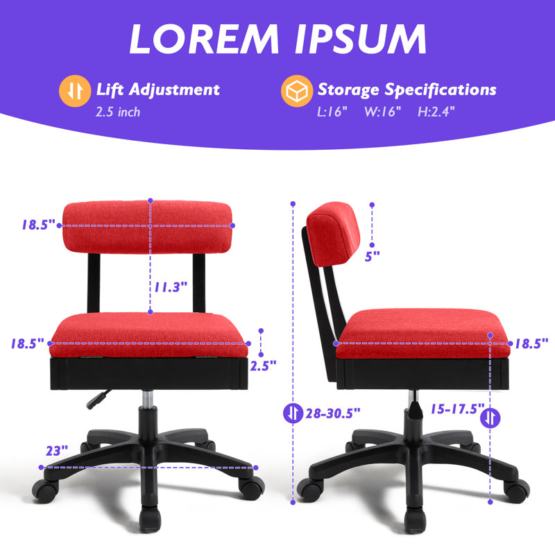  Chaise de couture à roulettes avec support de dossier à roulettes et rangement sous le siège à hauteur réglable - Chaise sans accoudoir hydraulique pour l'artisanat