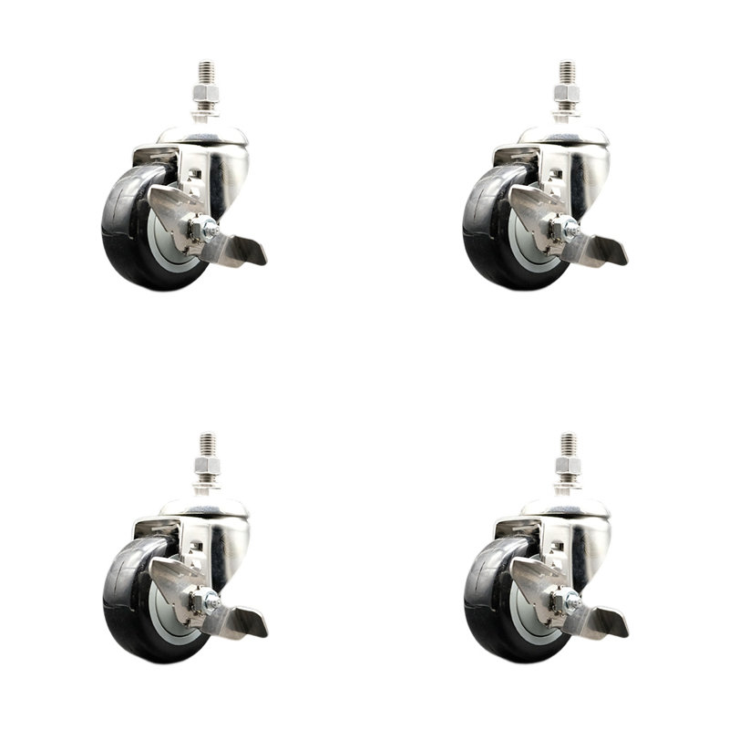 Ensemble de roulettes à tige filetée en polyuréthane pivotant de 3 pouces de 10 mm avec filetage de 10 mm, Noir