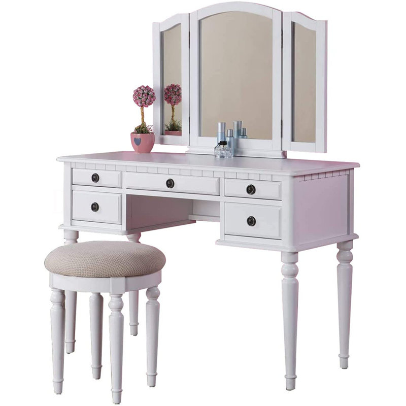 Ensemble de meuble-lavabo de chambre à coucher contemporain avec tiroir et tabouret pliable, Blanc