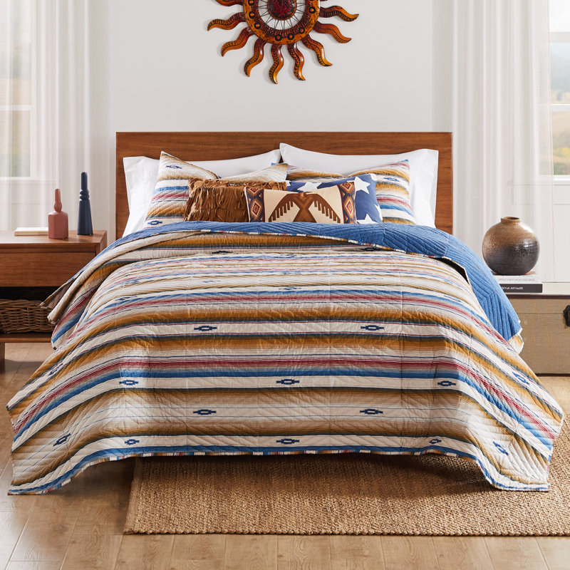 Sapphire Blue and Red Southwestern Reversible Full Quilt Set