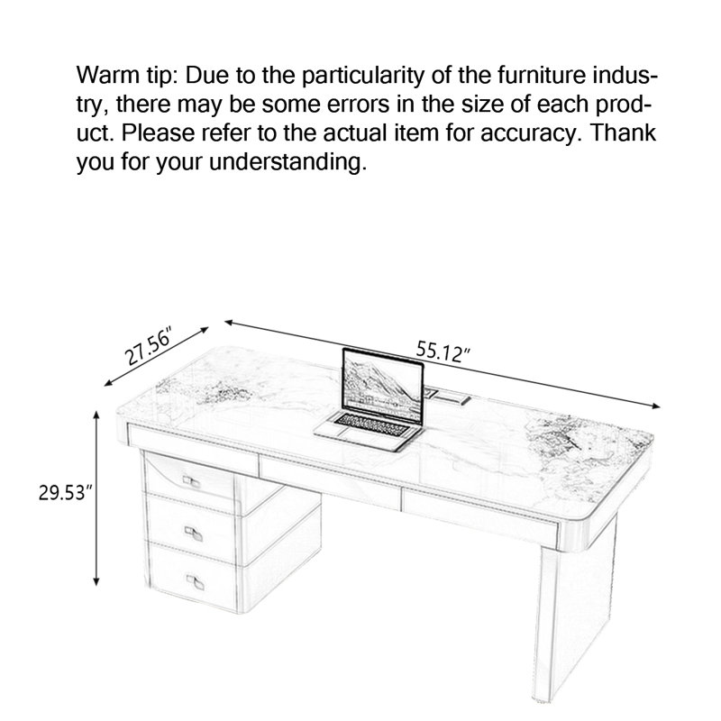 Bureau moderne en pierre frittée avec tiroir, H 29,53 po x l 55,12 po x P 27,56 po