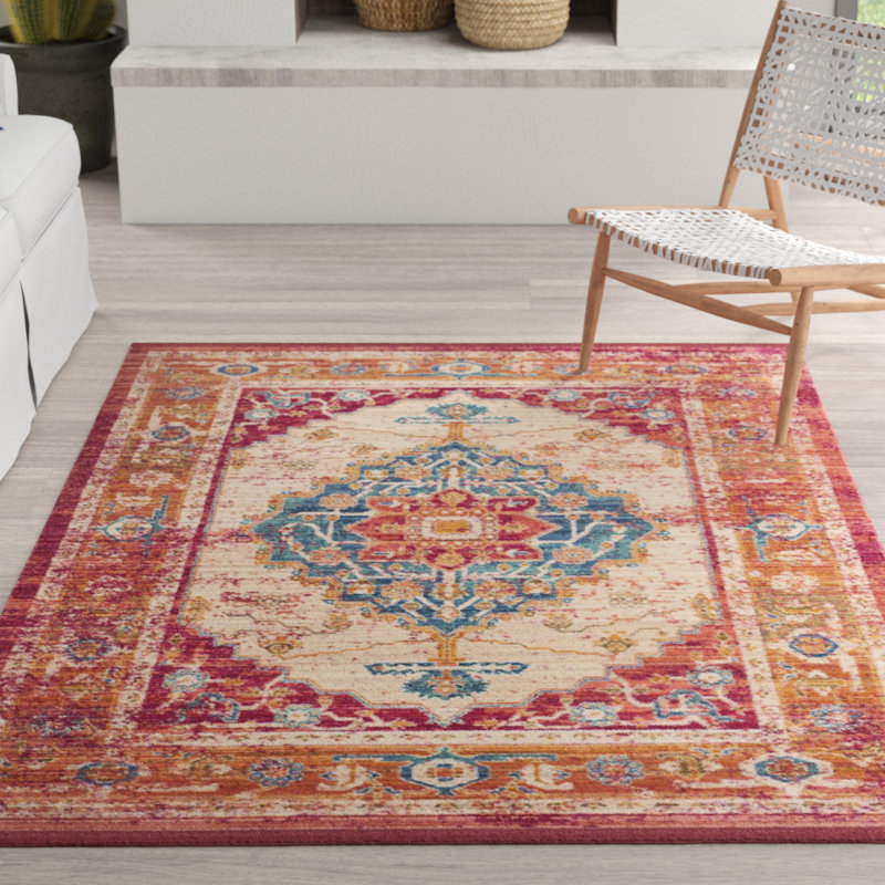Drusilla Oriental Red/Blue/Beige Area Rug, Rectangle 5' x 7'