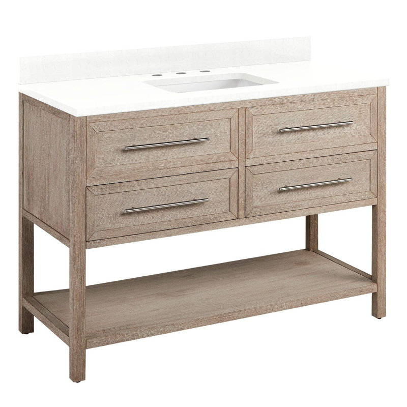Ensemble de meuble-lavabo simple 48 po avec lavabo encastré rectangulaire Robertson, Quartz blanc plume, Blanc brossé, 8 po