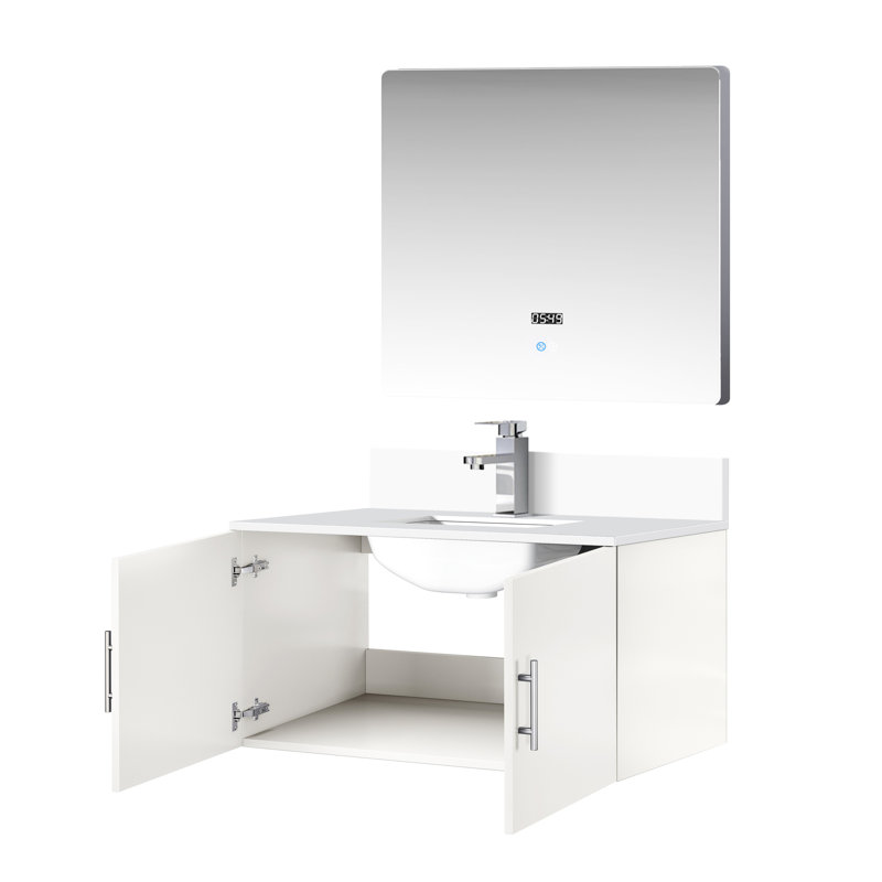 Meuble-lavabo blanc lustré 36 po X 22 po, avec comptoir en quartz, robinet, miroir à DEL - aux égratignures et aux taches pour une expérience de salle de bain relaxante