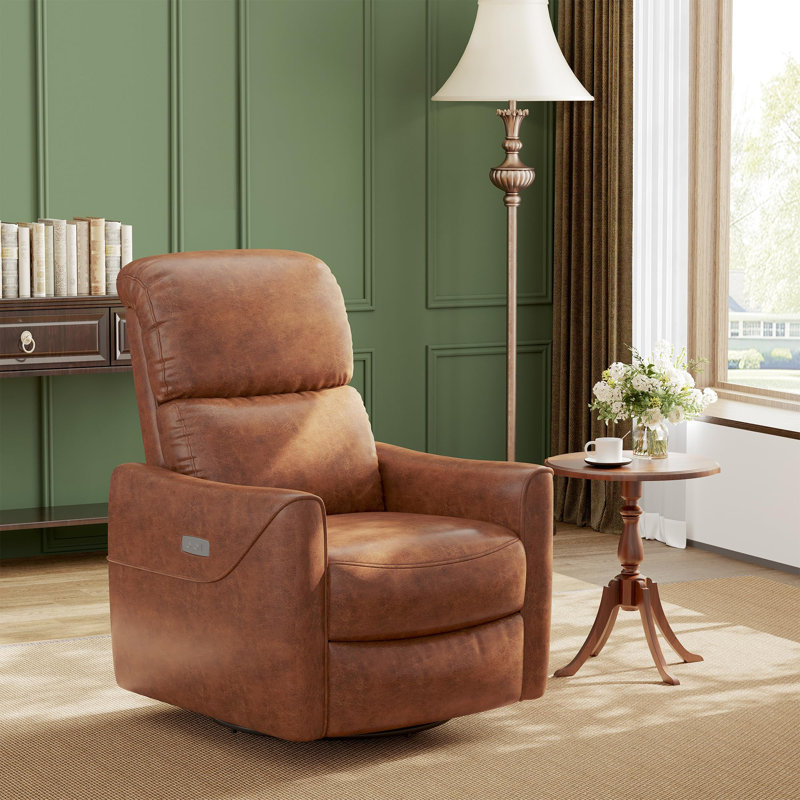 Power Recliner Chair Swivel Nursery Rocker Reclining with Charging Port, Adjustable Footrest, Faux Leather, Brown
