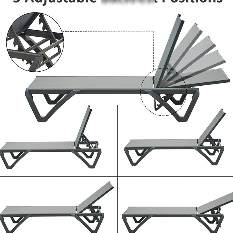 Chaise longue d'extérieur 3 - Chaises de bronzage en polypropylène aluminium gris avec 5 positions réglables et table d'appoint pour la cour, le balcon et la chaise