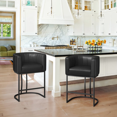 26.4" H Counter Height Bar Stools Set Of 2, Modern Barrel Counter Stools With Backrest And Arms,  Metal Legs, Upholstered Accent Barstools For Kitchen Island