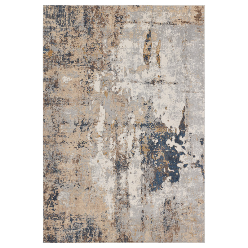 Tapis rectangulaire argenté / bleu marine en polyester tissé à la machine Fynnegan, Rectangle de 10 pi x 14 pi