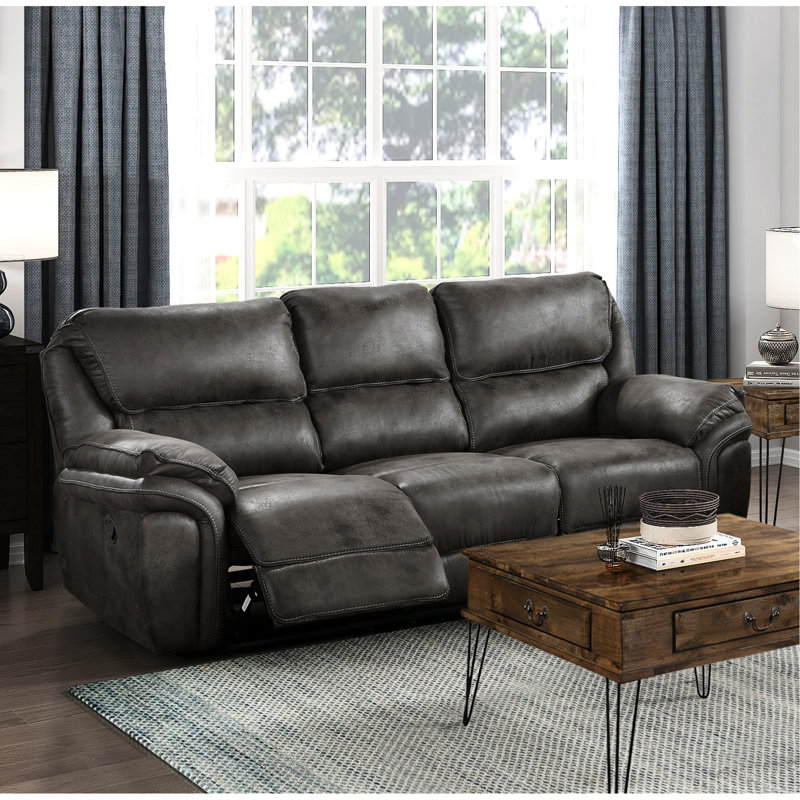 Fauteuil inclinable moderne 3 places en microfibre grise, structure en bois massif et contreplaqué, capacité de 136 kg par siège, inclinaison par tirette, coussins de dossier fixes, dossiers amovibles (3 places, dossiers, capacité de poids).