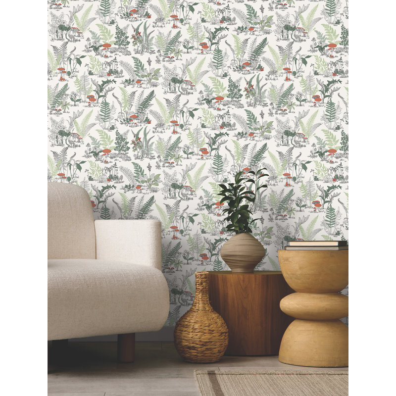 Mushroom Garden Toile Wallpaper Roll, Red & Green