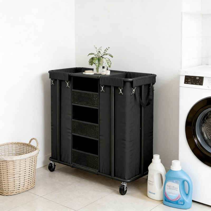 Chariot à linge roulant avec 2 sacs amovibles, trieur de linge d'une capacité de 200 L avec rangement suspendu, cadre en acier et roues verrouillables pour l'organisation à domicile
