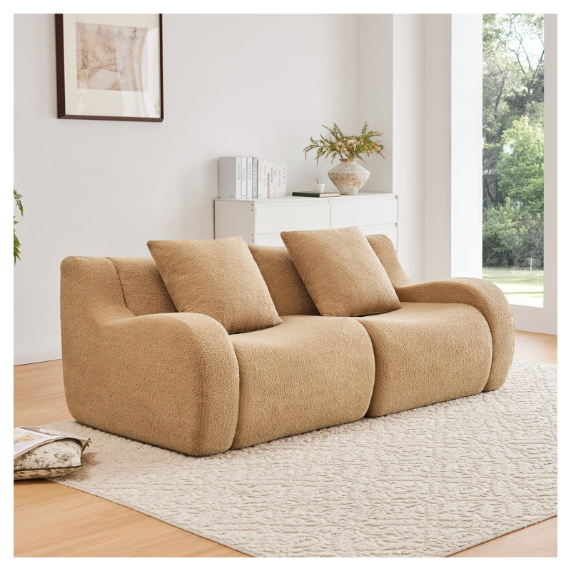Camel Teddy Fabric 2-Seat Loveseat Sofa, No Assembly Required Curved Arm Living Room Sofa, Camel