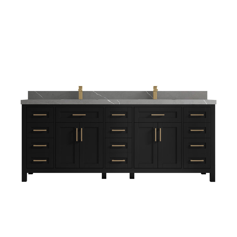 84'' Double Bathroom Vanity with Quartz Top, Piatra, Black