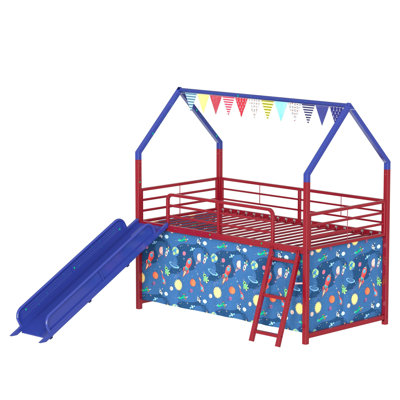Lit mezzanine double Zeso pour enfants, motif maison, bleu marine et rouge, avec glissade et rideau