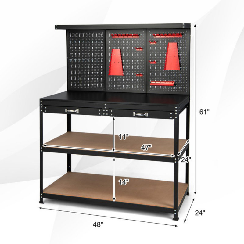 48 Inch Workbench With Pegboard And Drawers
