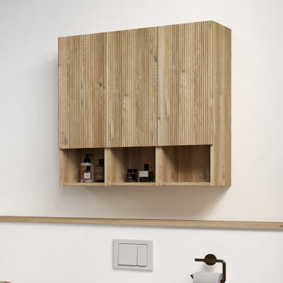 35.46" W Oak Fluted Wall-Mounted Bathroom Cabinet, 3-Door Floating Storage With Open Shelves, Moisture-Resistant, Natural Wood Finish