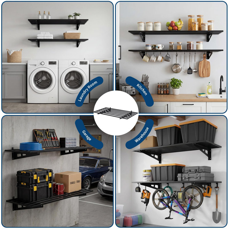 Lot de 2 étagères murales robustes pour garage, supports de rangement muraux en acier de 60 x 120 cm, avec quincaillerie et gants de travail.