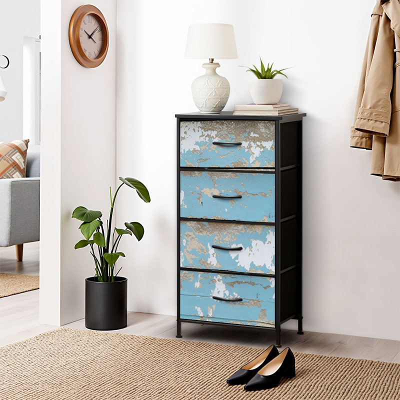 Commode pour chambre à coucher Commode pour garde-robe Panneau de bâtons décoratifs avec bâtons de bois Simulation de planches de bois Planches de peinture bleue Commodes et commodes de rangement en tissu avec 4 tiroirs