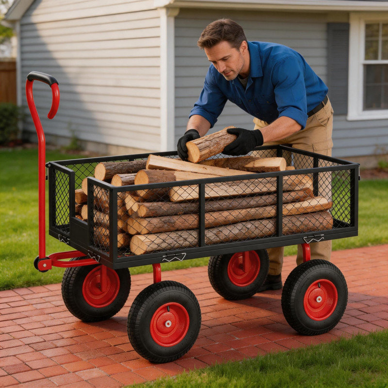 Chariot utilitaire 3 en 1 en métal, chariot en acier de 900 lb avec côtés amovibles et pneus de 10 po, Red