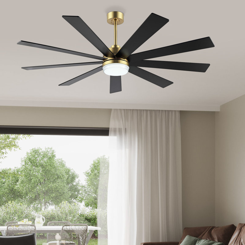 Ventilateur de plafond 9 pales avec éclairage à DEL et télécommande Veun, Or et pales noires, 84 po de largeur
