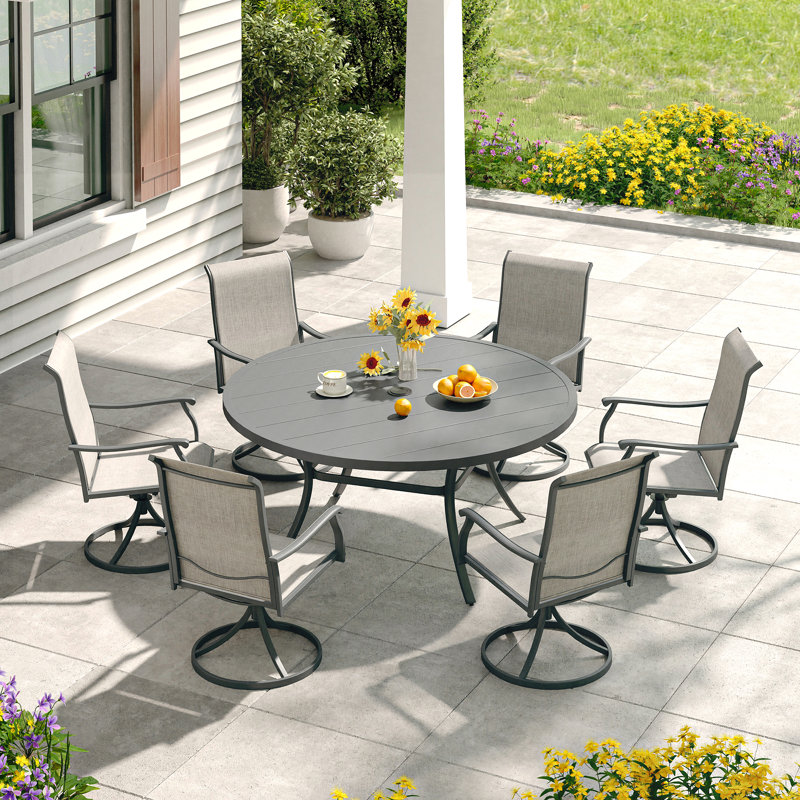 Ensemble de salle à manger 7 pièces pour table ronde d'extérieur avec chaise pivotante 7 pièces, Noir / brun, 6