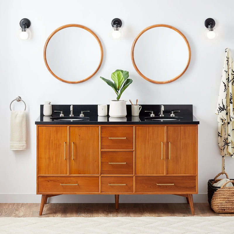 60" Novak Double Bathroom Vanity Set with Oval Undermount Sinks, Natural Teak, 8" Widespread, Feathered White Quartz