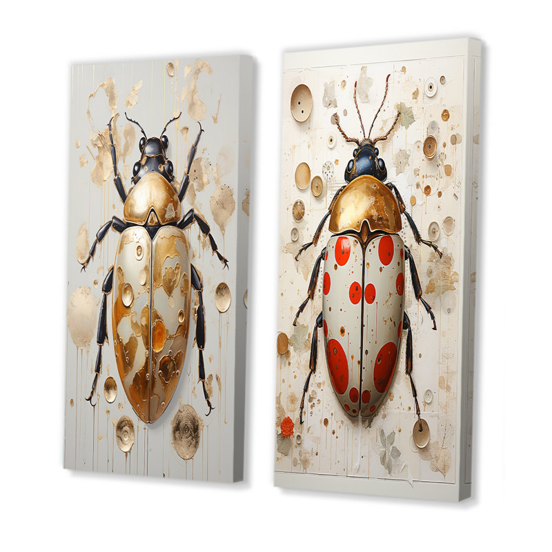 Ensemble de 2 reproductions d'art sur toile or et insectes et insectes, H 28 po x l 25 po, Toile tendue