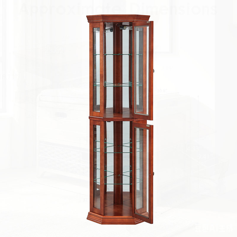 Vitrine de coin avec lumières, tablettes réglables et dossier en miroir pour une présentation et un rangement élégants