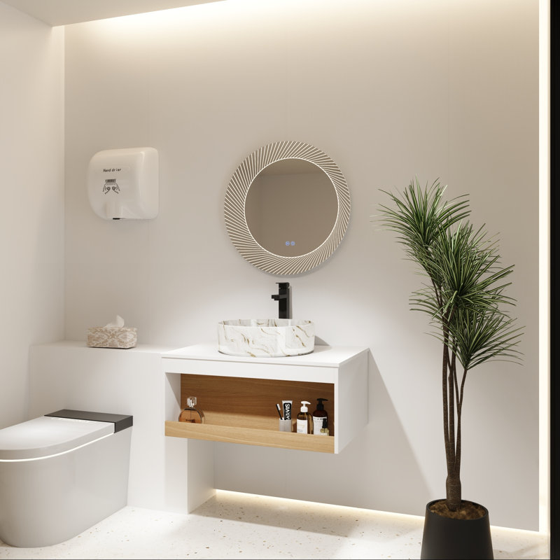 Meuble-lavabo flottant avec lavabo vasque à motif sable doré et tablette ouverte, 30"