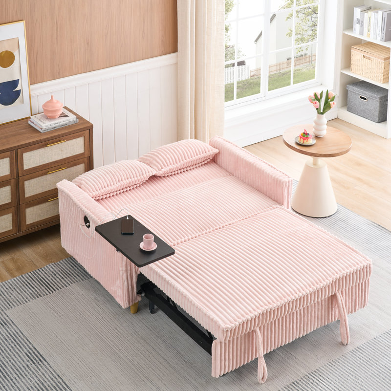 Canapé-lit convertible en chenille rose avec table d'appoint pliable, canapé-lit escamotable moderne pour petit salon et chambre à coucher