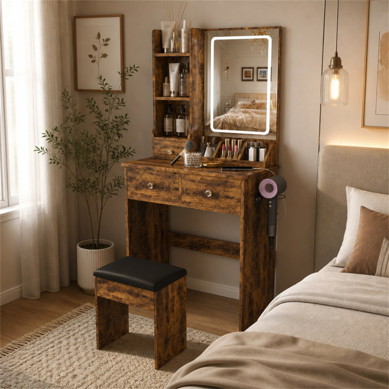 Bureau de coiffeuse avec tiroirs et tablettes de rangement, coiffeuse avec support pour sèche-cheveux et prise de courant, une coiffeuse