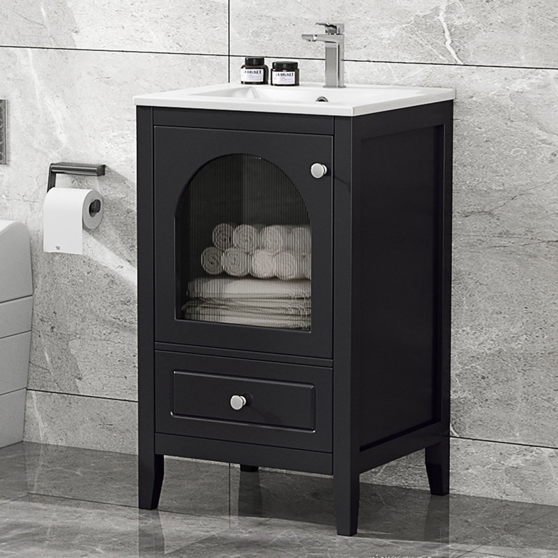 20" Bathroom Vanity with Sink, Bathroom Cabinet with Soft Closing Glass Door, A Drawer, Black