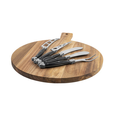 French Home Laguiole 6-Piece Black Pakkawood Artisan Cheese Knife Set And Round Wood Board