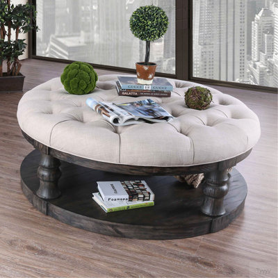 Table basse ronde en bois de style rustique avec pieds gris tournés et tablette ouverte