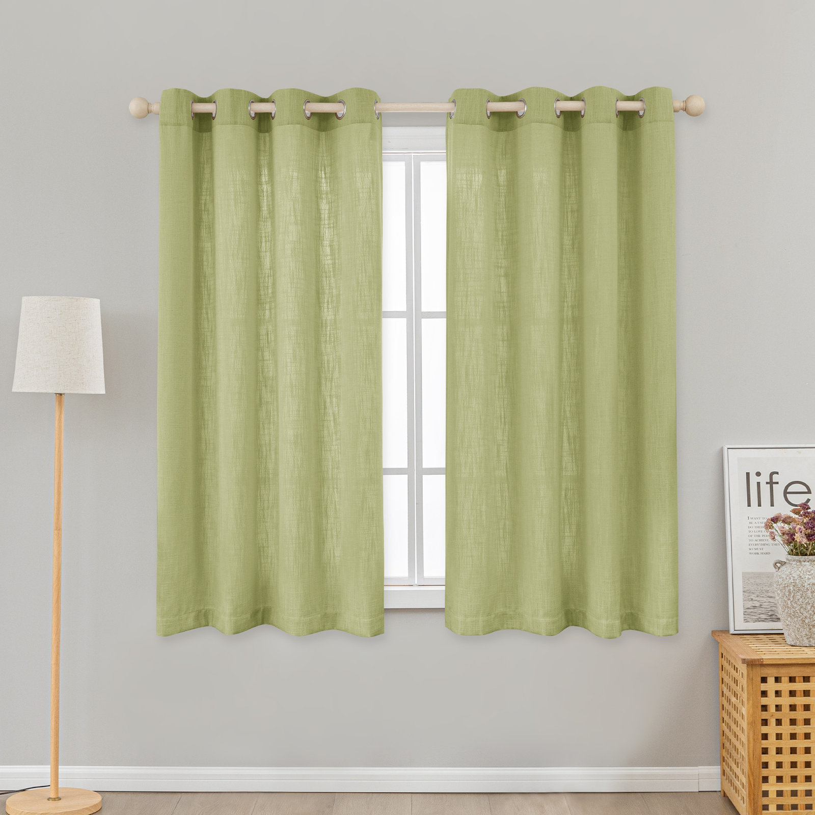 Kambi Semi-Sheer Linen Blend Curtain Set, Sage, 52" W x 63" L