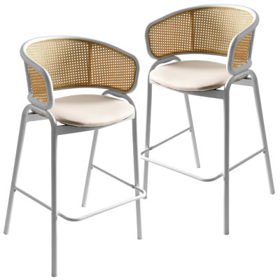 Tabouret de bar en cuir Daishun avec base en acier inoxydable thermolaqué blanc et dossier en osier incurvé