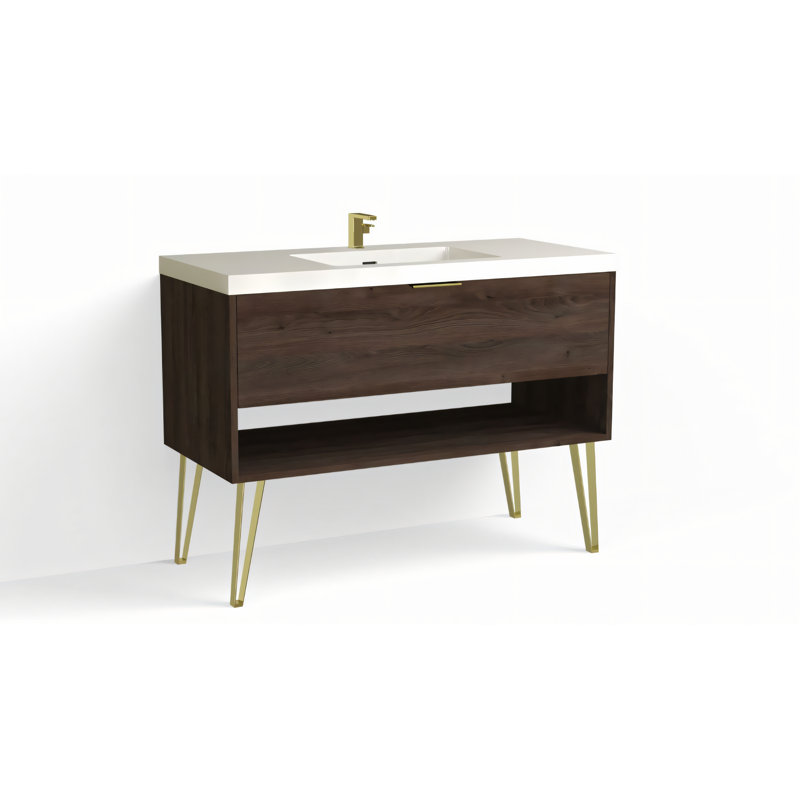 Modo 48" W Freestanding Single Bathroom Vanity with Dawson Leg, Gloss White/Single, Nocino, Satin Brass