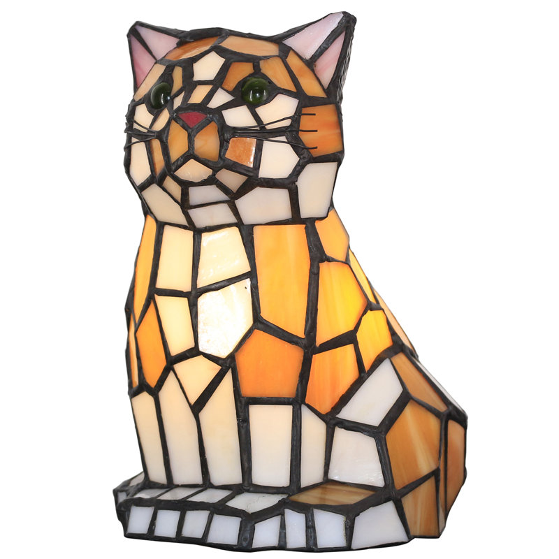 Small Tiffany Lamp Stained Glass Animal Table Lamp Mini Accent Desk Light (Amber White Cat)