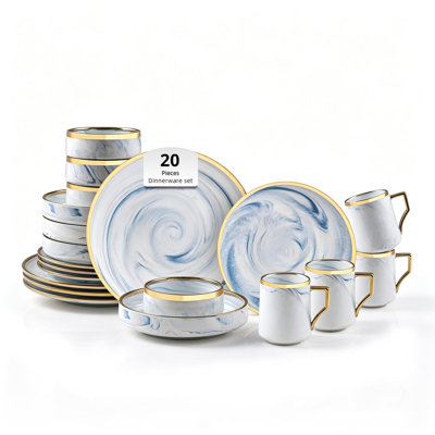  HomeVSS Fine China Artisan Marbled Dinnerware Set with Gold Rim, 20-Piece Set for 4