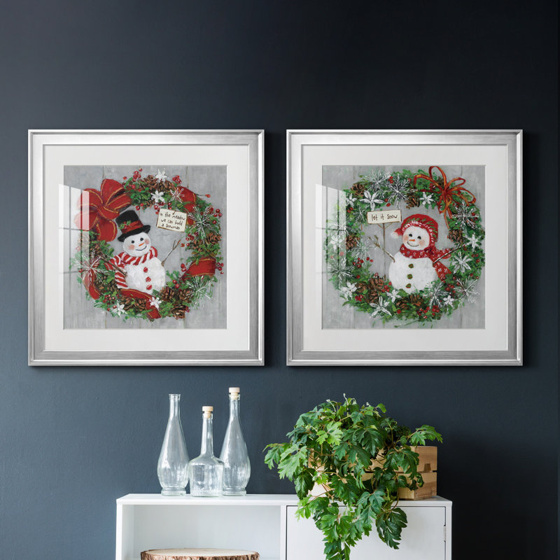 " Mr. Snowman " 2 - Pieces, 22" H x 22" W x 1" D, Silver Framed Paper, White