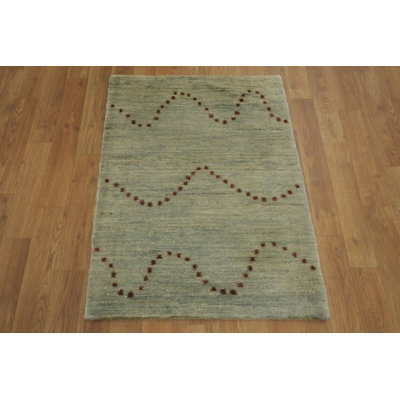 Contemporary Gabbeh Style Rug with Red Dotted Waves in Pastel Blue 2x3
